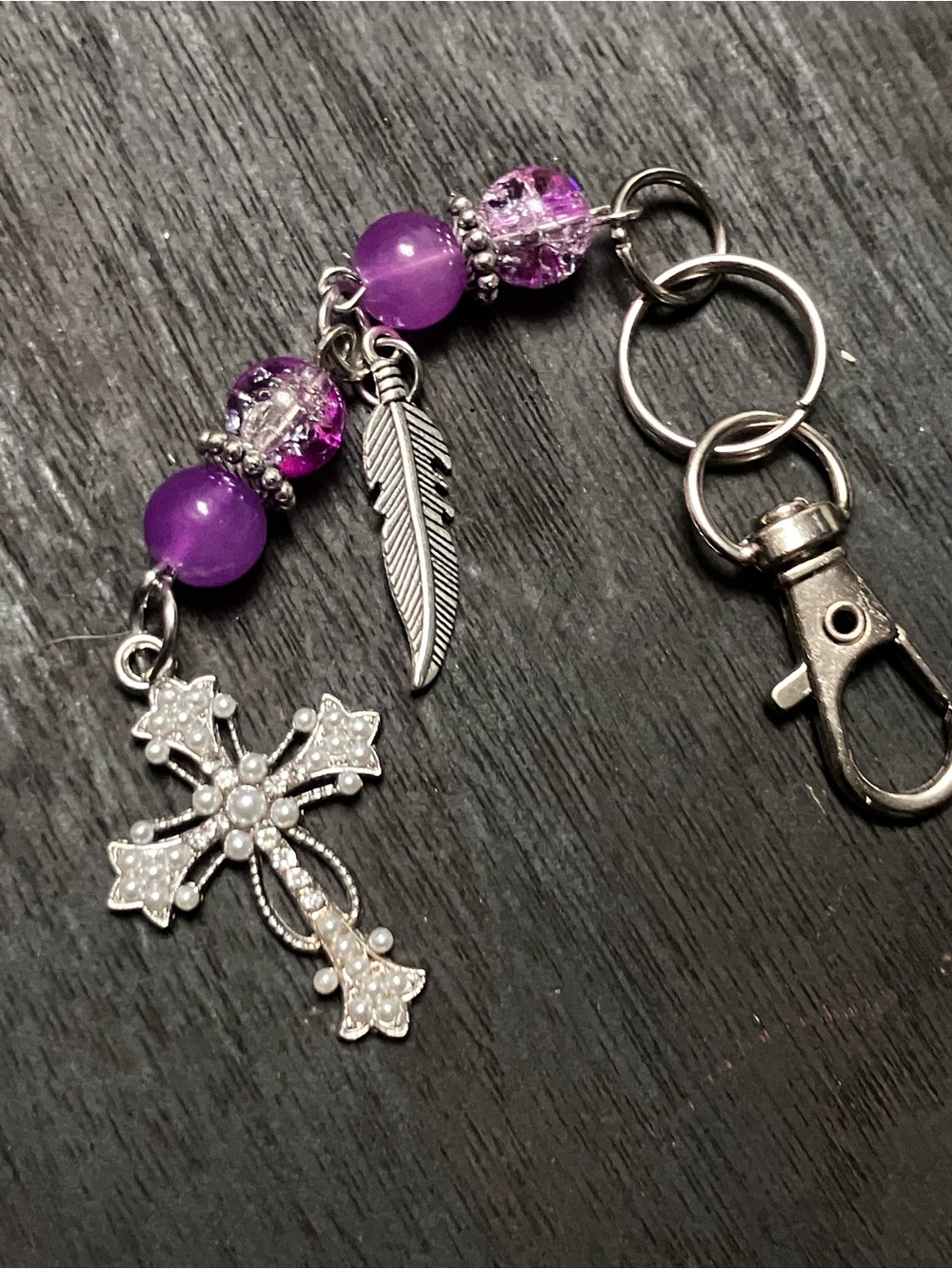 Purple shades glass beads/silver cross/feather charm/keychain